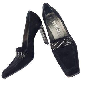 Vintage 90s Casadei Heels Square Toe US Size 8 Black Suede Studded Pumps